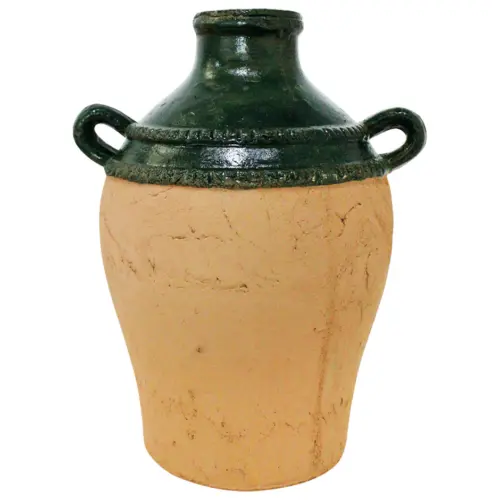 Jarrón de terracota con agarraderas verde de 21.5×17.5×26.5cm