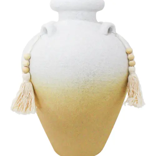 Jarrón de terracota blanco con borlas de 25.5×25.5×35.5cm