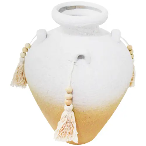 Jarrón de terracota blanco con borlas de 25.5×25.5×35.5cm