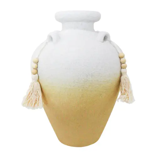 Jarrón de terracota blanco con borlas de 21.5×21.5x30cm