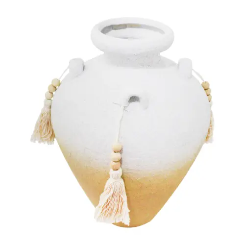Jarrón de terracota blanco con borlas de 21.5×21.5x30cm