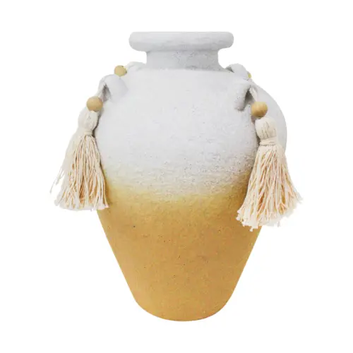 Jarrón de terracota blanco con borlas de 17.5×17.5x24cm