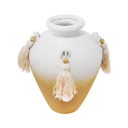 Jarrón de terracota blanco con borlas de 17.5×17.5x24cm