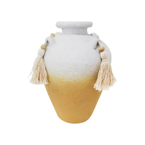Jarrón de terracota blanco con borlas de 14.5×14.5x20cm