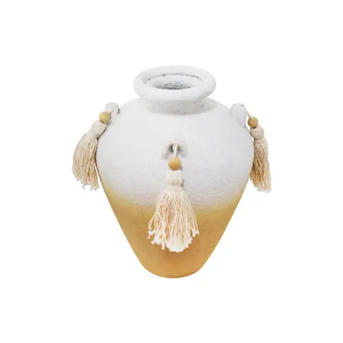 Jarrón de terracota blanco con borlas de 14.5×14.5x20cm