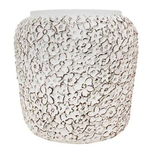 Maceta de cemento blanca con diseño flores de 31.5×31.5x30cm