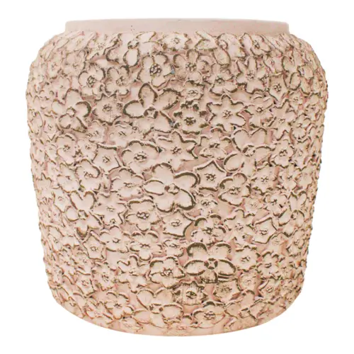Maceta de cemento rosa con diseño flores de 31.5×31.5x30cm