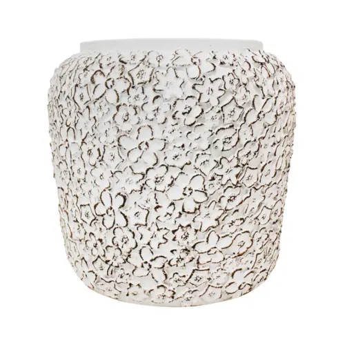 Maceta de cemento blanca con diseño flores de 25x25x24cm