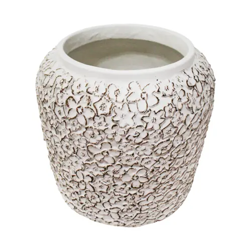 Maceta de cemento blanca con diseño flores de 25x25x24cm