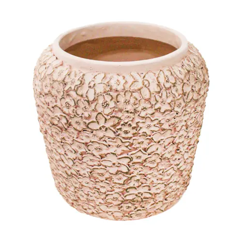 Maceta de cemento rosa con diseño flores de 25x25x24cm