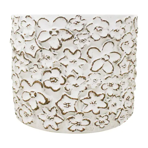 Maceta de cemento blanca con diseño flores de 23x23x21cm