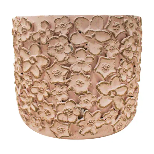Maceta de cemento rosa con diseño flores de 23x23x21cm