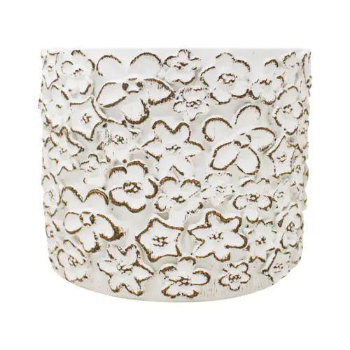 Maceta de cemento blanca con diseño flores de 18x18x16cm