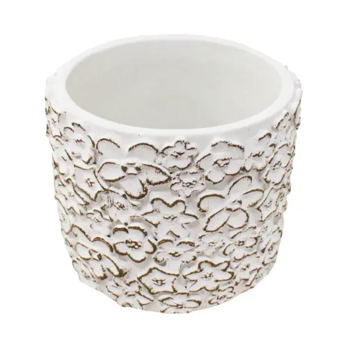 Maceta de cemento blanca con diseño flores de 18x18x16cm
