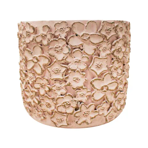 Maceta de cemento rosa con diseño flores de 18x18x16cm