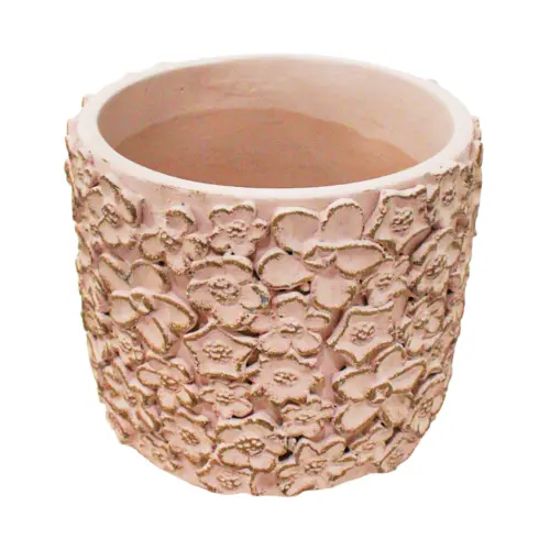 Maceta de cemento rosa con diseño flores de 18x18x16cm