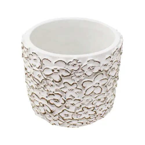 Maceta de cemento blanca con diseño flores de 15x15x13cm