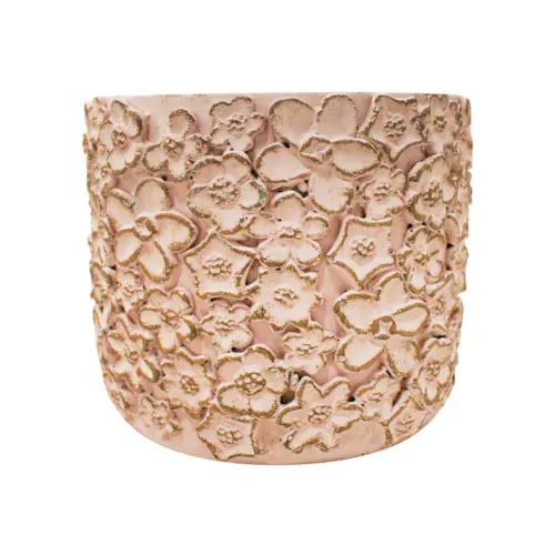 Maceta de cemento rosa con diseño flores de 15x15x13cm