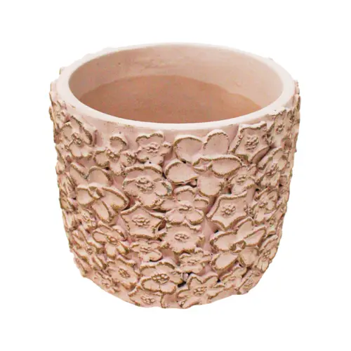 Maceta de cemento rosa con diseño flores de 15x15x13cm