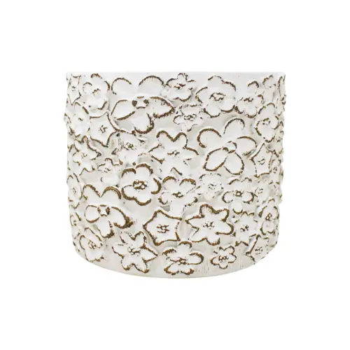 Maceta de cemento blanca con diseño flores de 11.5×11.5x10cm