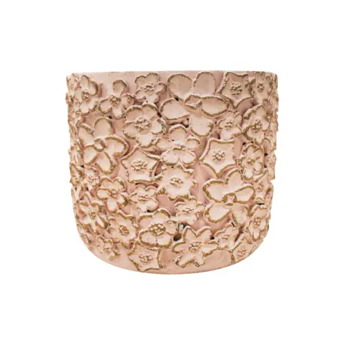 Maceta de cemento rosa con diseño flores de 11.5×11.5x10cm