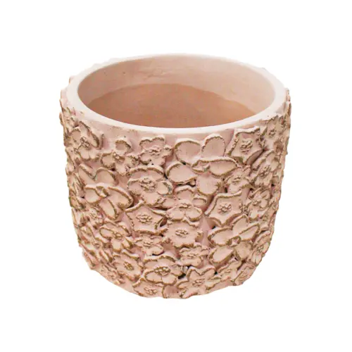 Maceta de cemento rosa con diseño flores de 11.5×11.5x10cm