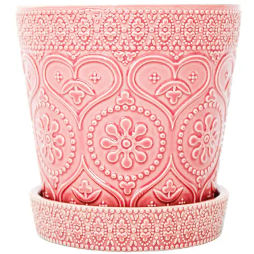Maceta de cerámica con plato diseño grabado en color rosa de 13x13x12cm