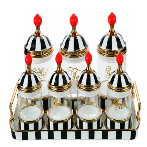 Juego de 7 especieros de porcelana con vidrio y tapa negro con blanco y base de metal de 11x11x16cm