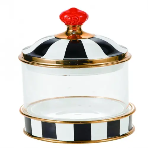 Especiero de porcelana con vidrio y tapa negro con blanco de 13x13x24cm