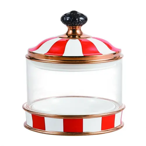 Especiero de porcelana con vidrio y tapa rojo con blanco de 13x13x24cm