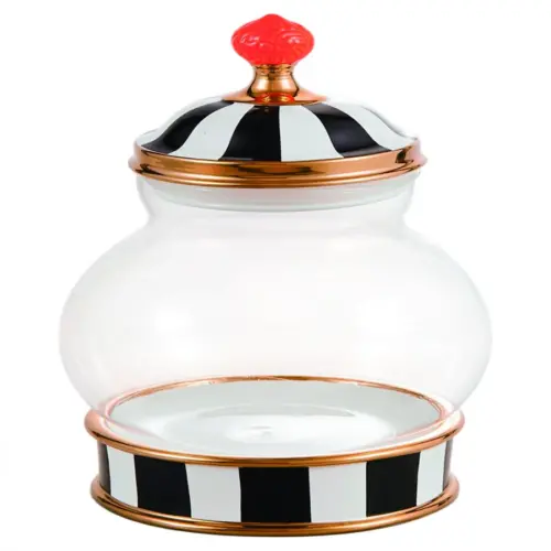 Especiero de porcelana con vidrio y tapa negro con blanco de 15x15x27cm