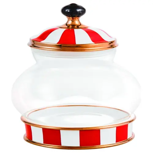Especiero de porcelana con vidrio y tapa rojo con blanco de 12x12x24cm