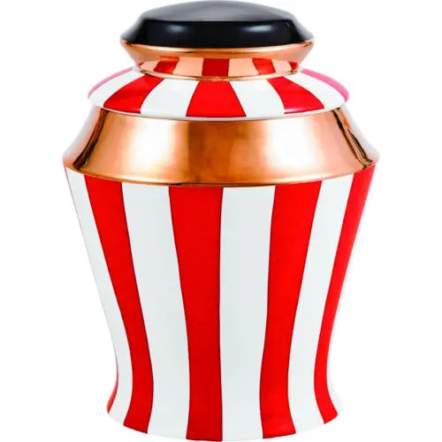 Especiero de porcelana rojo con blanco y dorado de 14x14x27cm