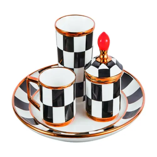 Juego de porcelana (plato/taza de café/tarro de azúcar y taza de agua) negro con blanco de 7x7x8.5cm