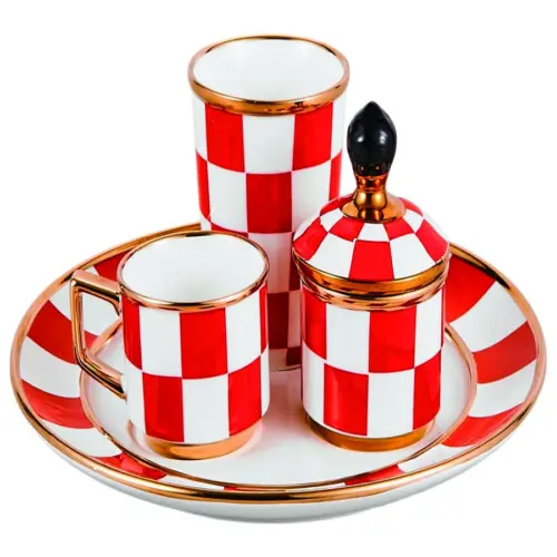 Juego de porcelana (plato/taza de café/tarro de azúcar y taza de agua) rojo con blanco de 7x7x8.5cm