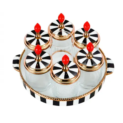 Juego de 6 frascos de porcelana y vidrio con tapa y charola negro con blanco de 9x9x10cm