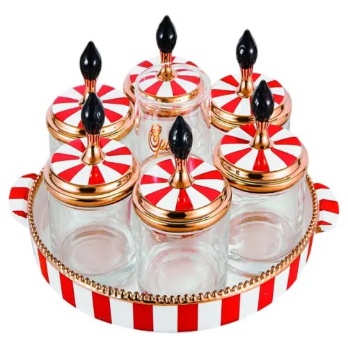 Juego de 6 frascos de porcelana y vidrio con tapa y charola rojo con blanco de 9x9x10cm