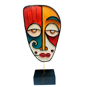 Escultura de rostro de mujer abstracto café con amarillo de 41cm