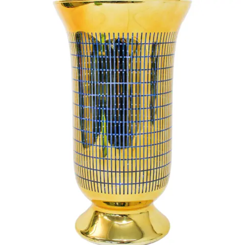 Florero de vidrio dorado con líneas azules de 18.2×18.2×31.5cm