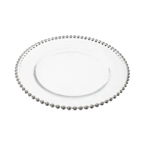 Plato de presentación de cristal c/orilla de perlas plateadas de 32cm