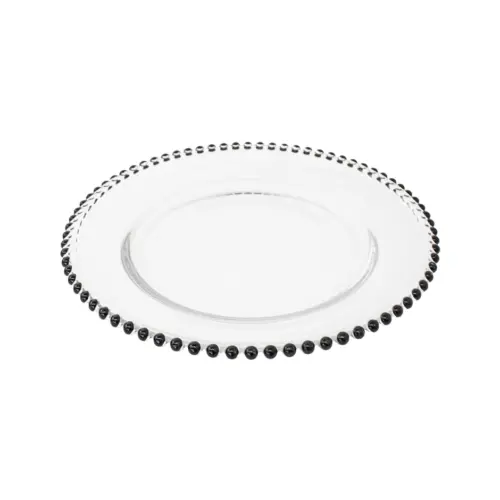 Plato de presentación de cristal c/orilla de perlas negras de 32cm