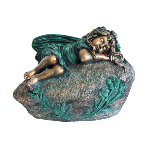 Hada recostada sobre roca color bronce con verde de poliresina terminado piedra de 60x41x43cm