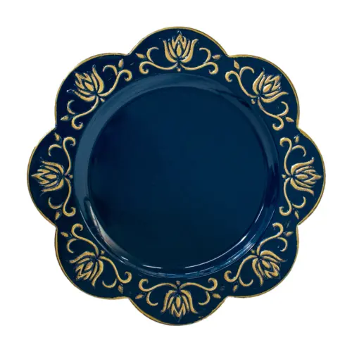 Plato de presentaciòn azul marino con flor en las orillas con dorado de 33 x33 x2cm