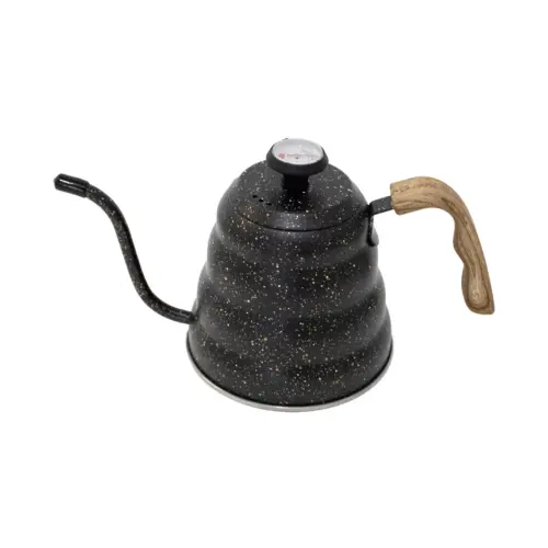 Tetera de metal negro con puntos blancos con termómetro y mango café de 1.2 litros