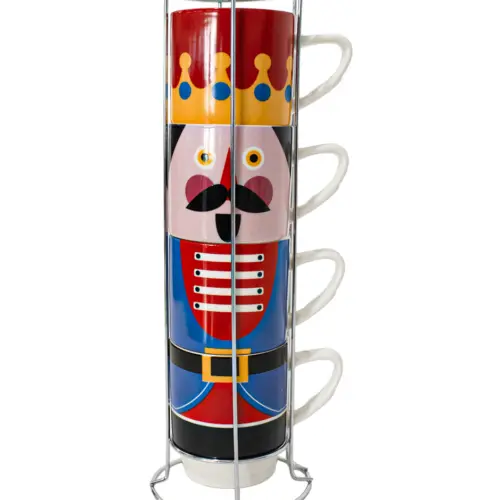 Juego de 4 tazas de cerámica con estante diseño soldado azul con rojo en caja