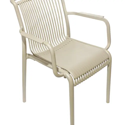 Silla de plástico con descansabrazos beige con cojín diseño tiras de 59.8x64x83.3cm