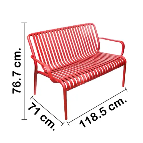 Sillón de 2 plazas de plástico con descansabrazos rojo diseño tiras de 73x119x77cm