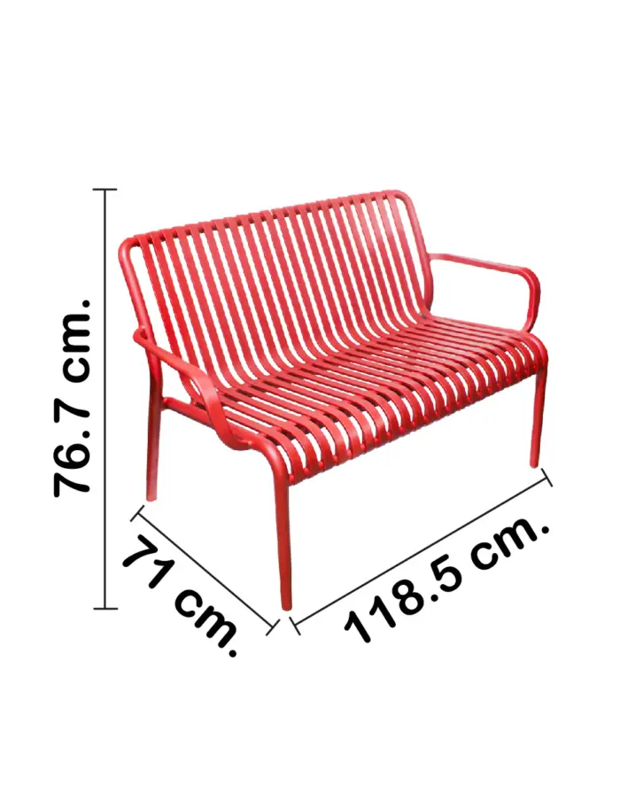 Sillón de 2 plazas de plástico con descansabrazos rojo diseño tiras de 73x119x77cm - Image 2