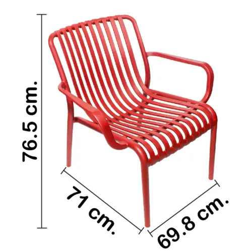 Silla de plástico con descansabrazos roja diseño tiras de 69.9×74.7x77cm