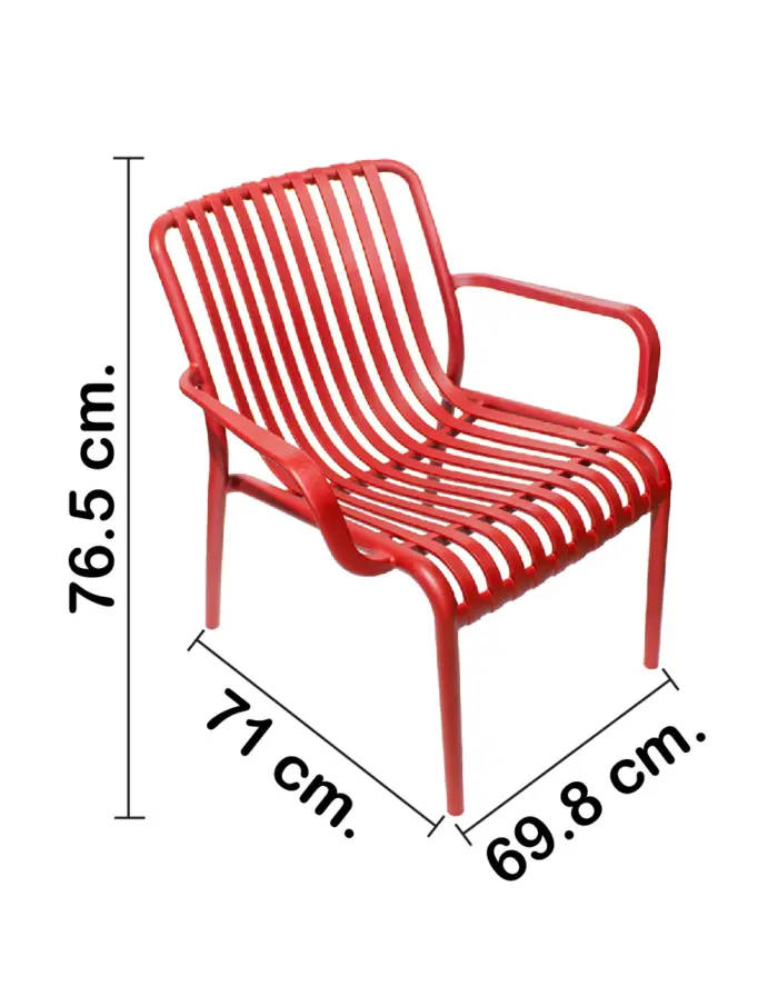 Silla de plástico con descansabrazos roja diseño tiras de 69.9x74.7x77cm - Image 2